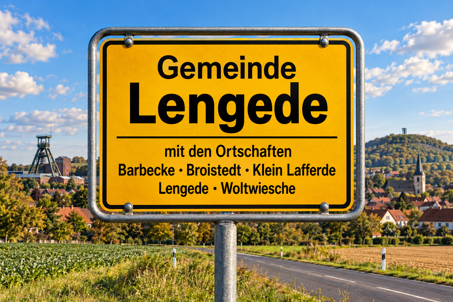 Ortsschild Lengede vor idyllischer Landschaft